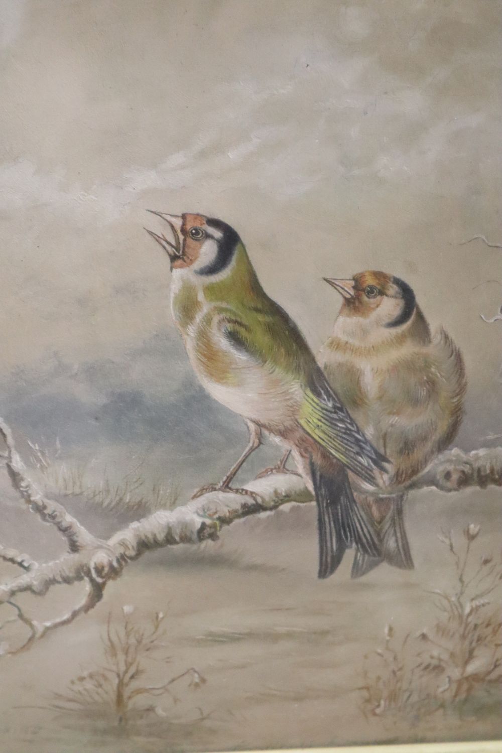 W.H. Hawkins, pair of oils on board, Bull finches and Gold finches in winter, signed, 26 x 19cm
